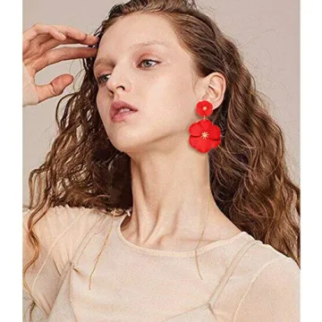 CEALXHENY Flower Dangle Earrings Boho Layered Floral Petal Drop Earrings Statement Stud Earring for Women (A-Red)