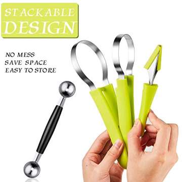 Patelai 2 Pieces Melon Baller Scoop Set, 4 in 1 Stainless Steel Fruit Scooper Seed Remover Melon Baller Carving Knife Double Sided Baller for Watermelon Ice Cream