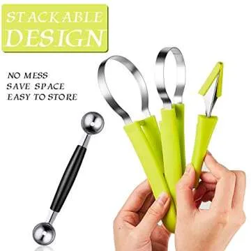 Patelai 2 Pieces Melon Baller Scoop Set, 4 in 1 Stainless Steel Fruit Scooper Seed Remover Melon Baller Carving Knife Double Sided Baller for Watermelon Ice Cream