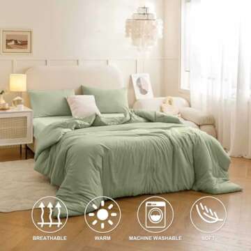 Nanko Queen Duvet Cover Set Sage Green Light Green 3pc 90x90 Luxury Microfiber Comforter Quilt Bedding Cover with Deco Buttons Zip Closure Ties - Modern Elegant Style for Men and Women Chambray Teen