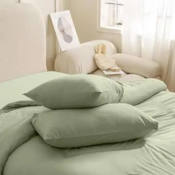 Nanko Queen Duvet Cover Set Sage Green Light Green 3pc 90x90 Luxury Microfiber Comforter Quilt Bedding Cover with Deco Buttons Zip Closure Ties - Modern Elegant Style for Men and Women Chambray Teen