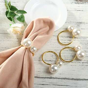 KESOTE Set of 12 Pearl Napkin Rings, Gold Napkin Ring Holders for Formal or Casual Dinning Table Dec...