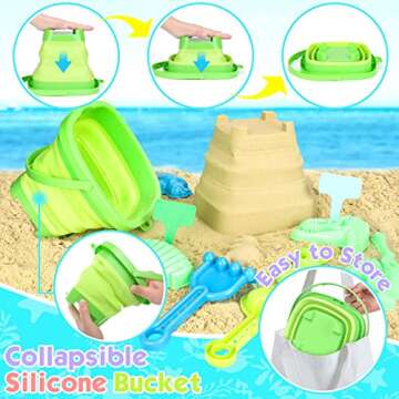 FUSPWEAO Beach Toys Sand Toys for Kids, Dinosaur Sand Toys with Collapsible Beach Bucket and Mesh Ba...