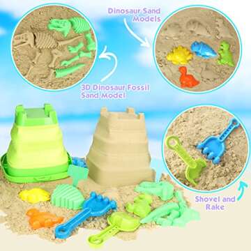 FUSPWEAO Beach Toys Sand Toys for Kids, Dinosaur Sand Toys with Collapsible Beach Bucket and Mesh Bag, Dinosaur Sand Molds, Shovel and Rake, Sandbox Toys for Toddlers, Travel Beach Toys for Kids 3-10