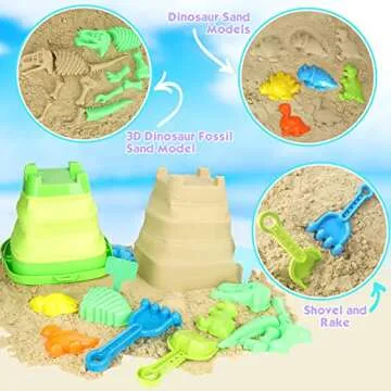 FUSPWEAO Beach Toys Sand Toys for Kids, Dinosaur Sand Toys with Collapsible Beach Bucket and Mesh Bag, Dinosaur Sand Molds, Shovel and Rake, Sandbox Toys for Toddlers, Travel Beach Toys for Kids 3-10