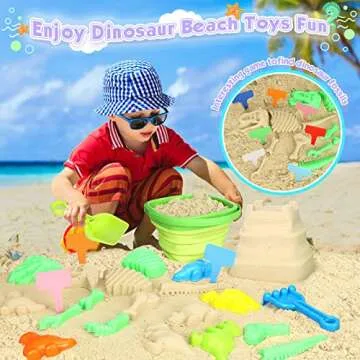 FUSPWEAO Beach Toys Sand Toys for Kids, Dinosaur Sand Toys with Collapsible Beach Bucket and Mesh Bag, Dinosaur Sand Molds, Shovel and Rake, Sandbox Toys for Toddlers, Travel Beach Toys for Kids 3-10