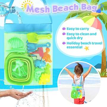 FUSPWEAO Beach Toys Sand Toys for Kids, Dinosaur Sand Toys with Collapsible Beach Bucket and Mesh Bag, Dinosaur Sand Molds, Shovel and Rake, Sandbox Toys for Toddlers, Travel Beach Toys for Kids 3-10