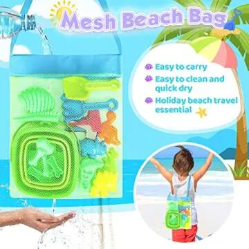 FUSPWEAO Beach Toys Sand Toys for Kids, Dinosaur Sand Toys with Collapsible Beach Bucket and Mesh Bag, Dinosaur Sand Molds, Shovel and Rake, Sandbox Toys for Toddlers, Travel Beach Toys for Kids 3-10