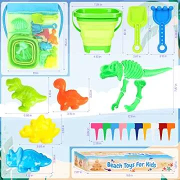 FUSPWEAO Beach Toys Sand Toys for Kids, Dinosaur Sand Toys with Collapsible Beach Bucket and Mesh Bag, Dinosaur Sand Molds, Shovel and Rake, Sandbox Toys for Toddlers, Travel Beach Toys for Kids 3-10