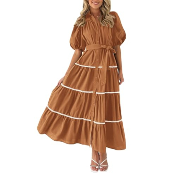 PRETTYGARDEN Women's Summer Button Down Shirt Dress - Flowy Maxi Dress with Pockets