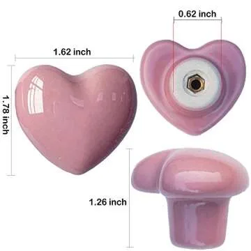 Perphin Ceramic Drawer Knobs Heart Shape Cabinet Dresser Pulls Handles with 3 Sized Screws, Kitchen Furniture Knobs for Closet Cupboard Wardrobe (2 Pack, Pink)