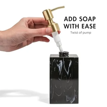 Yew Design Marble Black Pattern Soap Dispenser for Bathroom with Metal Pump (Gold), 15oz Square Rustproof Liquid Hand Dish Soap Dispenser for Kitchen Sink, Countertop, and Bathroom
