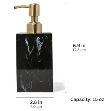 Yew Design Marble Black Pattern Soap Dispenser for Bathroom with Metal Pump (Gold), 15oz Square Rustproof Liquid Hand Dish Soap Dispenser for Kitchen Sink, Countertop, and Bathroom