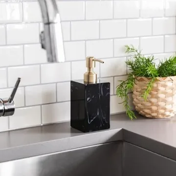Yew Design Marble Black Pattern Soap Dispenser for Bathroom with Metal Pump (Gold), 15oz Square Rustproof Liquid Hand Dish Soap Dispenser for Kitchen Sink, Countertop, and Bathroom