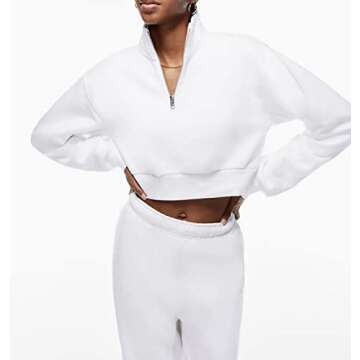 SAFRISIOR Women’s 1/4 Zip Sweatshirt Quarter Zipper Collar Drop Shoulder Long Sleeve Half Zip Cropped Pullover Top A-white