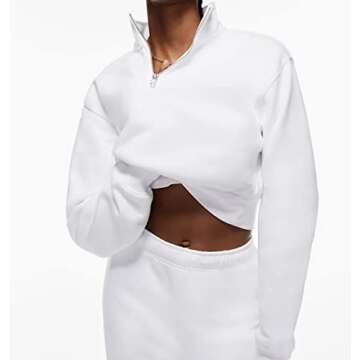 SAFRISIOR Women’s 1/4 Zip Sweatshirt Quarter Zipper Collar Drop Shoulder Long Sleeve Half Zip Cropped Pullover Top A-white
