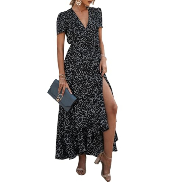 PRETTYGARDEN Women's Summer Wrap Maxi Dress Casual Boho Floral V Neck Short Sleeve Ruffle Hem Split ...