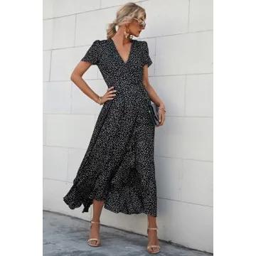 PRETTYGARDEN Women's Summer Wrap Maxi Dress Casual Boho Floral V Neck Short Sleeve Ruffle Hem Split Beach Long Dresses (Black Polka Dot,Large)