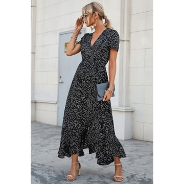 PRETTYGARDEN Women's Summer Wrap Maxi Dress Casual Boho Floral V Neck Short Sleeve Ruffle Hem Split Beach Long Dresses (Black Polka Dot,Large)