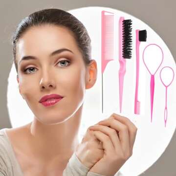 5Pcs Slick Back Brush Set with Topsy Tail Tool, Teasing Bristle, Rat Comb for Women & Girls Hair Sty...