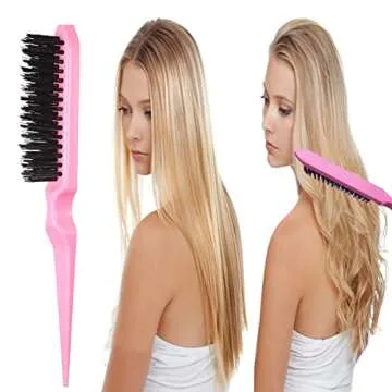 5Pcs Slick Back Brush Set with Topsy Tail Tool, Teasing Bristle, Rat Comb for Women & Girls Hair Styling, Flyaways Control and Edge Combing - Pink