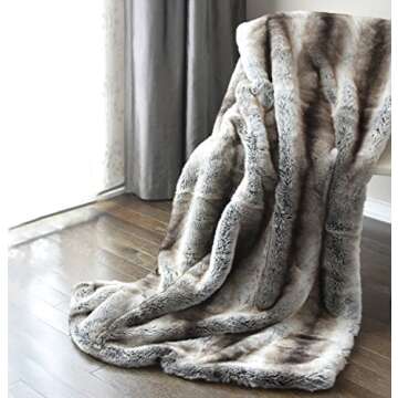 Luxury Faux Fur Oversized Throw Blanket with Plush Velvet Reverse, Fox Lynx or Gray Mink (Gray Chinchilla)