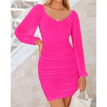 BTFBM Women's Elegant Ruched Bodycon Dresses Summer Fall Mesh Long Sleeve Cross V Neck Party Club Mi...
