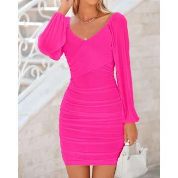 BTFBM Women's Elegant Ruched Bodycon Dresses Summer Fall Mesh Long Sleeve Cross V Neck Party Club Mini Cocktail Dress(Solid Rose Red, Medium)