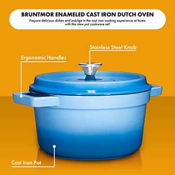 Bruntmor pre-seasoned 6.5 qt Enameled cast iron Round Dutch oven, 6.5 Quart Cast Iron Skillet with Lid and Handle, Heavy Duty casserole Dish, Hand wash only, Sky Blue