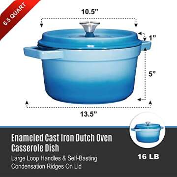Bruntmor pre-seasoned 6.5 qt Enameled cast iron Round Dutch oven, 6.5 Quart Cast Iron Skillet with Lid and Handle, Heavy Duty casserole Dish, Hand wash only, Sky Blue