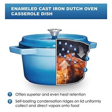 Bruntmor pre-seasoned 6.5 qt Enameled cast iron Round Dutch oven, 6.5 Quart Cast Iron Skillet with Lid and Handle, Heavy Duty casserole Dish, Hand wash only, Sky Blue