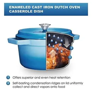 Bruntmor pre-seasoned 6.5 qt Enameled cast iron Round Dutch oven, 6.5 Quart Cast Iron Skillet with Lid and Handle, Heavy Duty casserole Dish, Hand wash only, Sky Blue