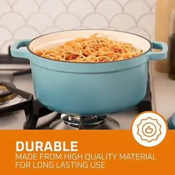 Bruntmor pre-seasoned 6.5 qt Enameled cast iron Round Dutch oven, 6.5 Quart Cast Iron Skillet with Lid and Handle, Heavy Duty casserole Dish, Hand wash only, Sky Blue
