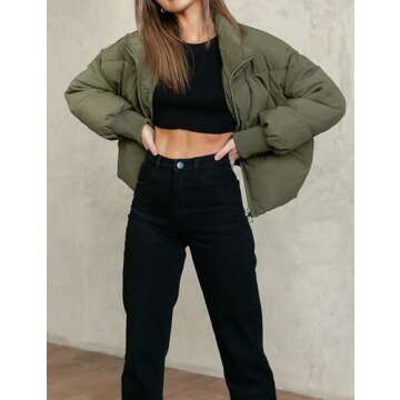 Lianlive Womens Cropped Puffer Jacket Oversized Black Short Puffy Winter Coat (Olive-S)