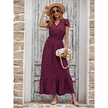 PRETTYGARDEN Womens Summer Boho Short Sleeve V Neck Ruffle Tiered Maxi Dress Swiss Dot Smocked Dress...