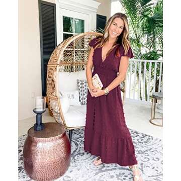 PRETTYGARDEN Womens Summer Boho Short Sleeve V Neck Ruffle Tiered Maxi Dress Swiss Dot Smocked Dress A Line Beach Long Dress(Wine Red,Large)