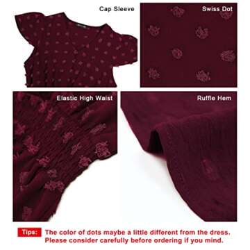 PRETTYGARDEN Womens Summer Boho Short Sleeve V Neck Ruffle Tiered Maxi Dress Swiss Dot Smocked Dress A Line Beach Long Dress(Wine Red,Large)