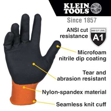 KLEIN TOOLS 60581 Work Gloves, Knit Dipped Cut Resistant ANSI A1 Nitrile Coated Gloves, Nylon-Spande...