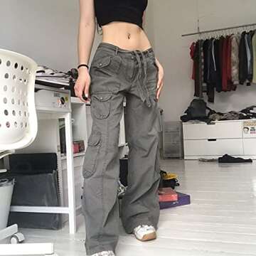 Y2k Vintage Cargo Jeans with Stitching Pockets Indie Aesthetics Low Waist Pants 2000s Baggy Flare Denim Trousers Autumn (Gray, Medium)