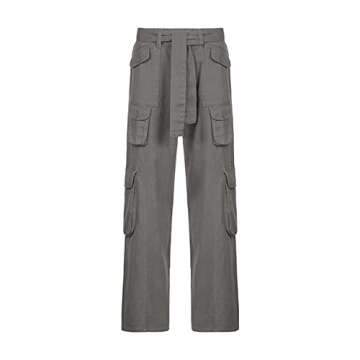 Y2k Vintage Cargo Jeans with Stitching Pockets Indie Aesthetics Low Waist Pants 2000s Baggy Flare Denim Trousers Autumn (Gray, Medium)