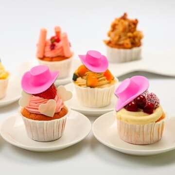 Acxico 10pcs Plastic Mini Miniature Cute Western Cowgirl Pink Cowboy Hat for Doll Dress Up Party Accessories