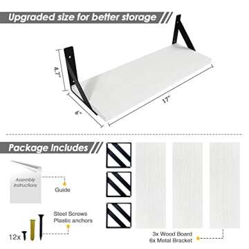 Forbena White Floating Shelves for Wall Decor Set of 3, 17 x 6 Inches Bathroom Shelf Over Toilet, Small Modern Mounted Shelves for Kids Bedroom Nursery Office Living Room Books Picture Frames