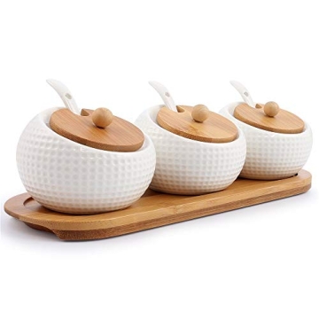 Porcelain Condiment Jar Spice Container with Lids - Bamboo Cap Holder Spot, Ceramic Serving Spoon, W...