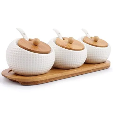 Porcelain Condiment Jar Spice Container with Lids - Bamboo Cap Holder Spot, Ceramic Serving Spoon, W...