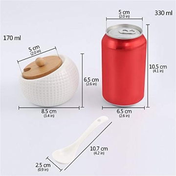 Porcelain Condiment Jar Spice Container with Lids - Bamboo Cap Holder Spot, Ceramic Serving Spoon, Wooden Tray Best Pottery Cruet Pot for Your Home, Kitchen, Counter. White,170 ML (5.8 OZ), Set of 3