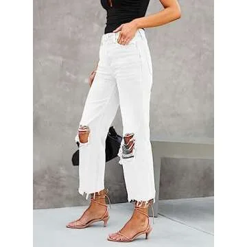 LOLONG Women's White Distressed High Waisted Flare Jeans for Casual Style