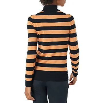 Amazon Essentials Women's Classic-Fit Lightweight Long-Sleeve Turtleneck Sweater (Available in Plus Size), Black Camel Rugby Stripe, Large
