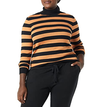 Amazon Essentials Women's Classic-Fit Lightweight Long-Sleeve Turtleneck Sweater (Available in Plus Size), Black Camel Rugby Stripe, Large