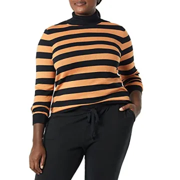 Amazon Essentials Women's Classic-Fit Lightweight Long-Sleeve Turtleneck Sweater (Available in Plus Size), Black Camel Rugby Stripe, Large