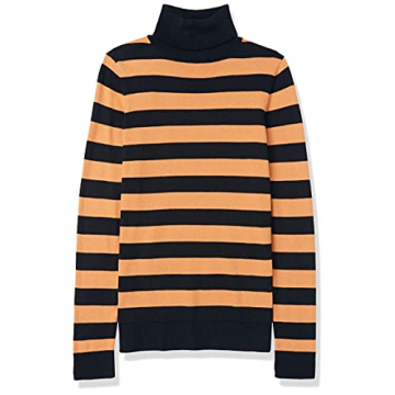 Amazon Essentials Women's Classic-Fit Lightweight Long-Sleeve Turtleneck Sweater (Available in Plus Size), Black Camel Rugby Stripe, Large